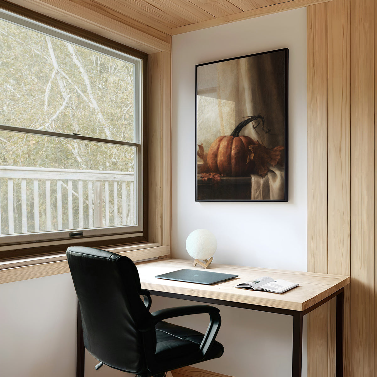 Window Seat Reserved For One Gourd, framed print on a white wall above a desk and black office chair