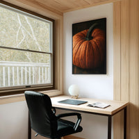 Speckled, Ribbed, And Ready For Its Portrait, framed print on a white wall above a desk and black office chair