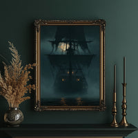 Ghost Ship Arriving Fashionably Late, framed print on a white wall above a desk and black office chair