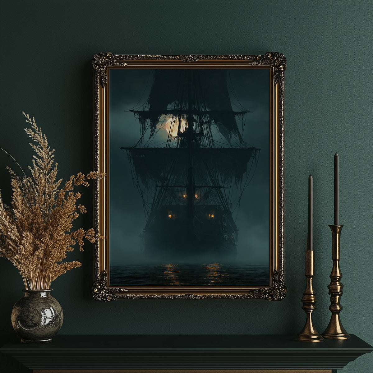 Ghost Ship Arriving Fashionably Late, framed print on a white wall above a desk and black office chair
