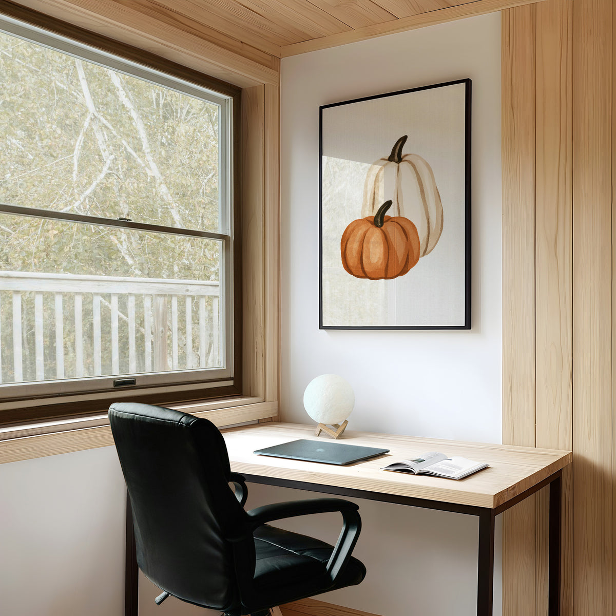Short Stack, Long Shadow, framed print on a white wall above a desk and black office chair