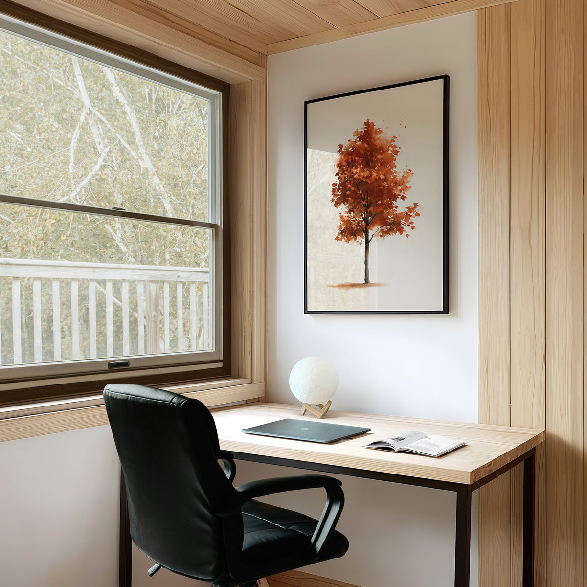 Solo Act, Standing Ovation, framed print on a white wall above a desk and black office chair