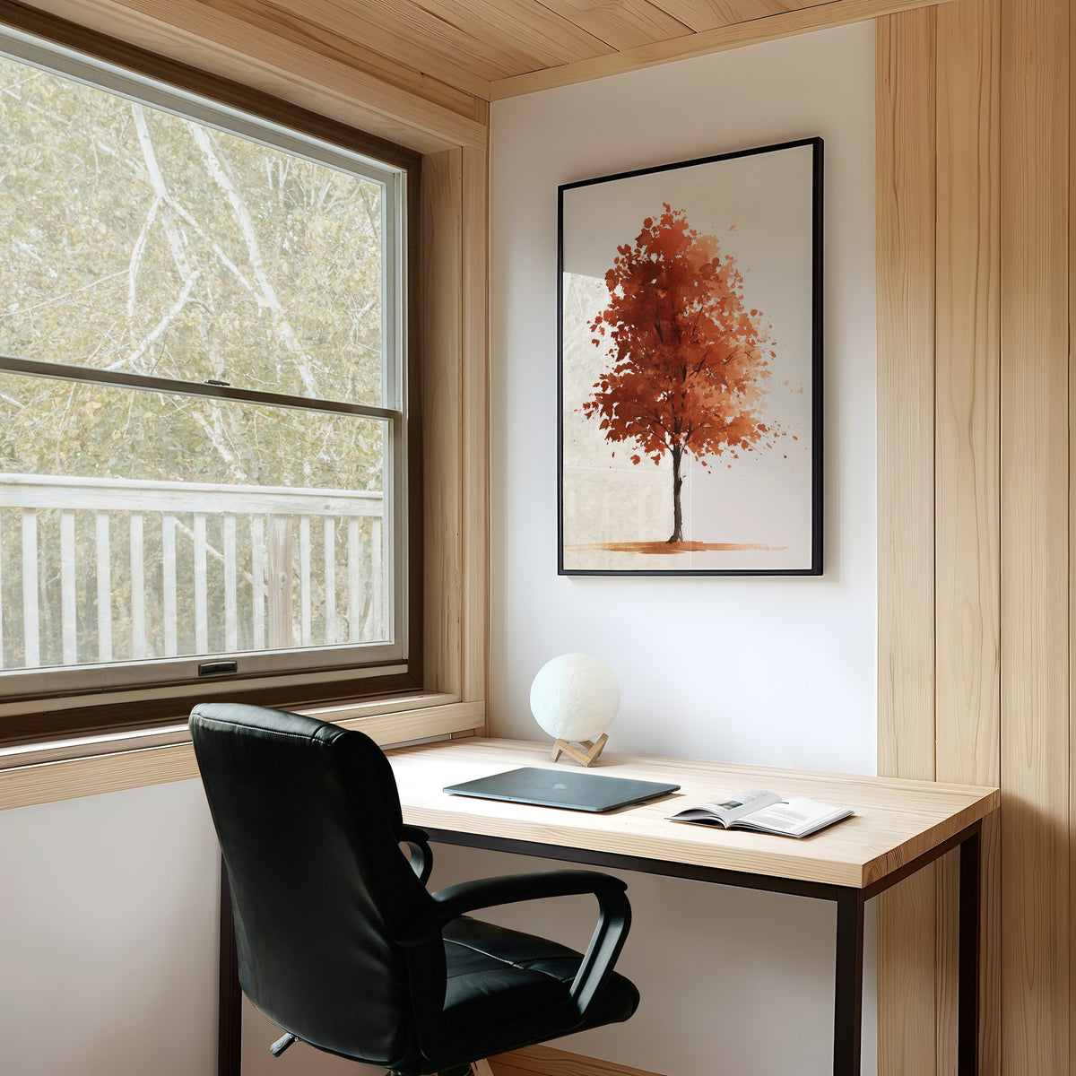 Shedding Season, No Apologies, framed print on a white wall above a desk and black office chair