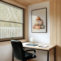 Pastel Pyramid Scheme, framed print on a white wall above a desk and black office chair