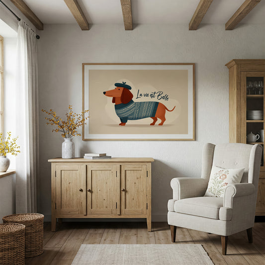 La Vie Est Belle Canvas Art | French Dachshund in Beret & Sweater Print for Living Room, Office or Dog Lover Décor