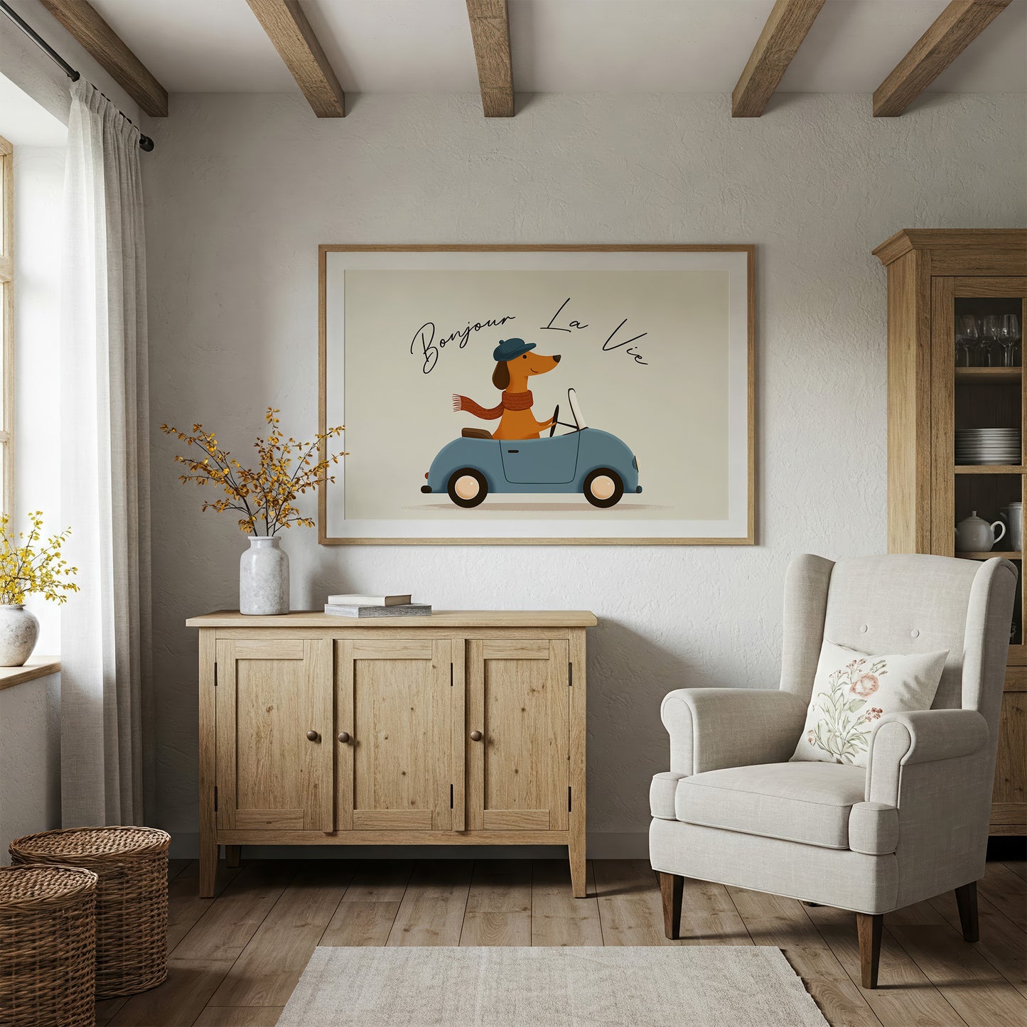 Bonjour La Vie Canvas Art | French Dachshund Driving Convertible Print for Living Room, Office or Dog Lover Décor