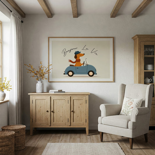 Bonjour La Vie Canvas Art | French Dachshund Driving Convertible Print for Living Room, Office or Dog Lover Décor