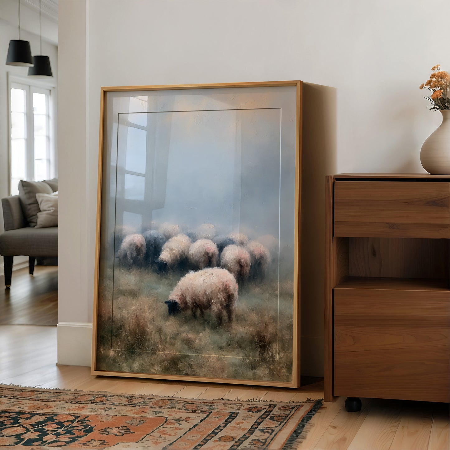 Sheep Grazing in Morning Mist