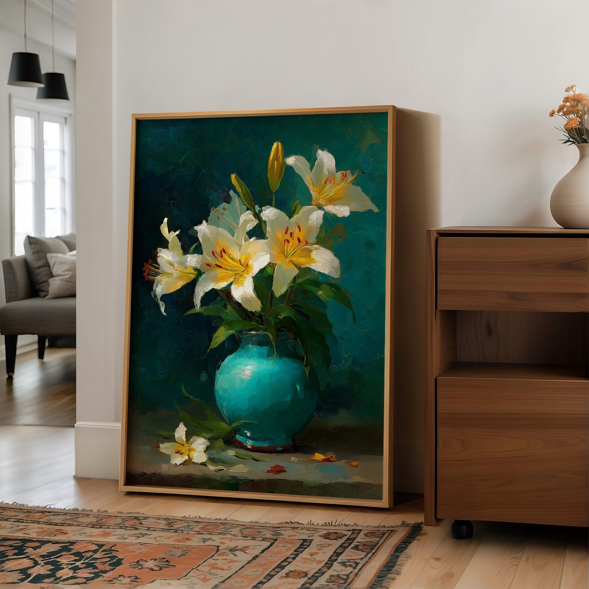 White Lilies in a Turquoise Vase