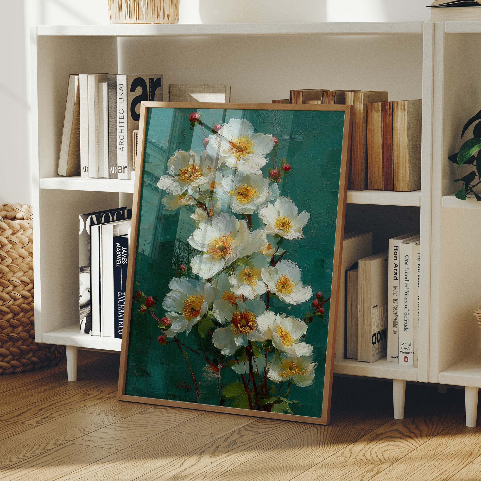 White Blooms Against Teal