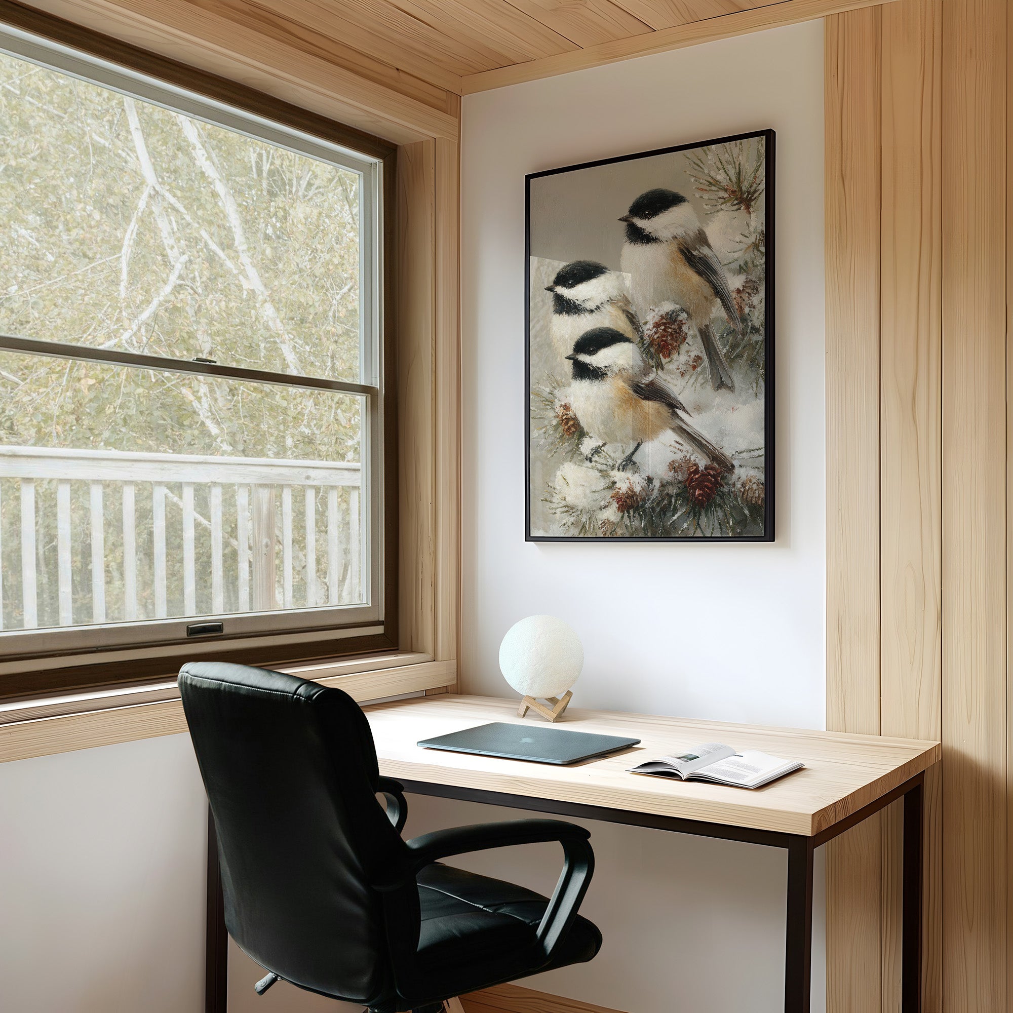 Chickadees on Frosted Pine