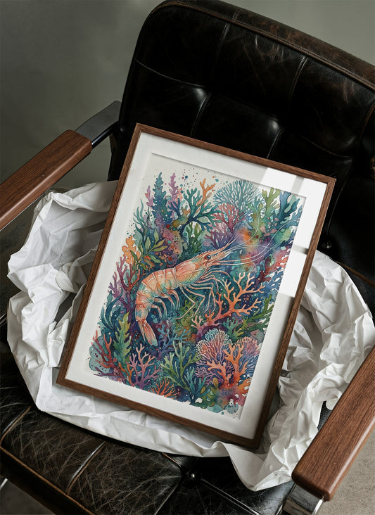 Coral Thicket Sentinel: Watercolor Shrimp Study