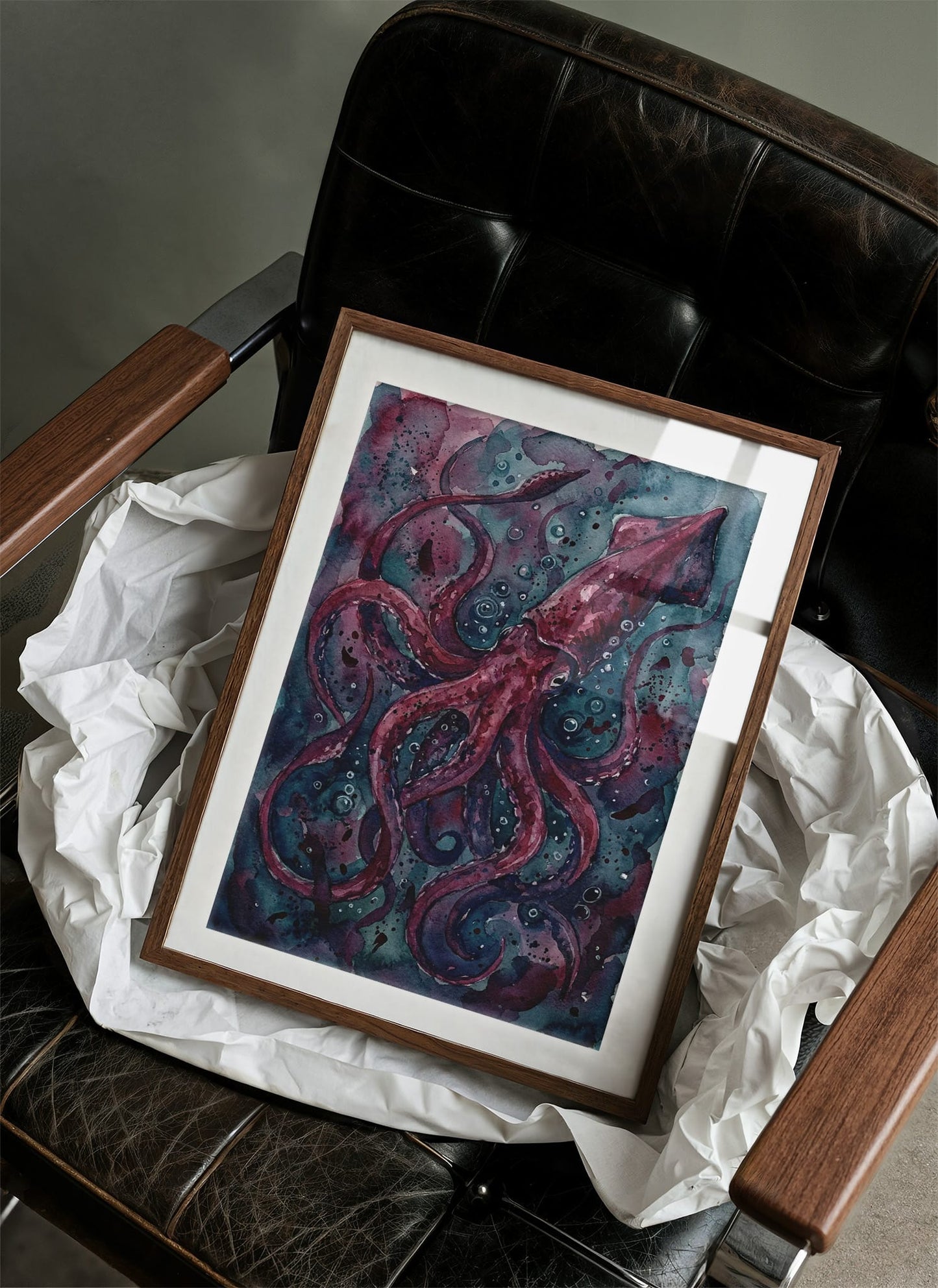 Crimson Depths: Watercolor Giant Squid Study