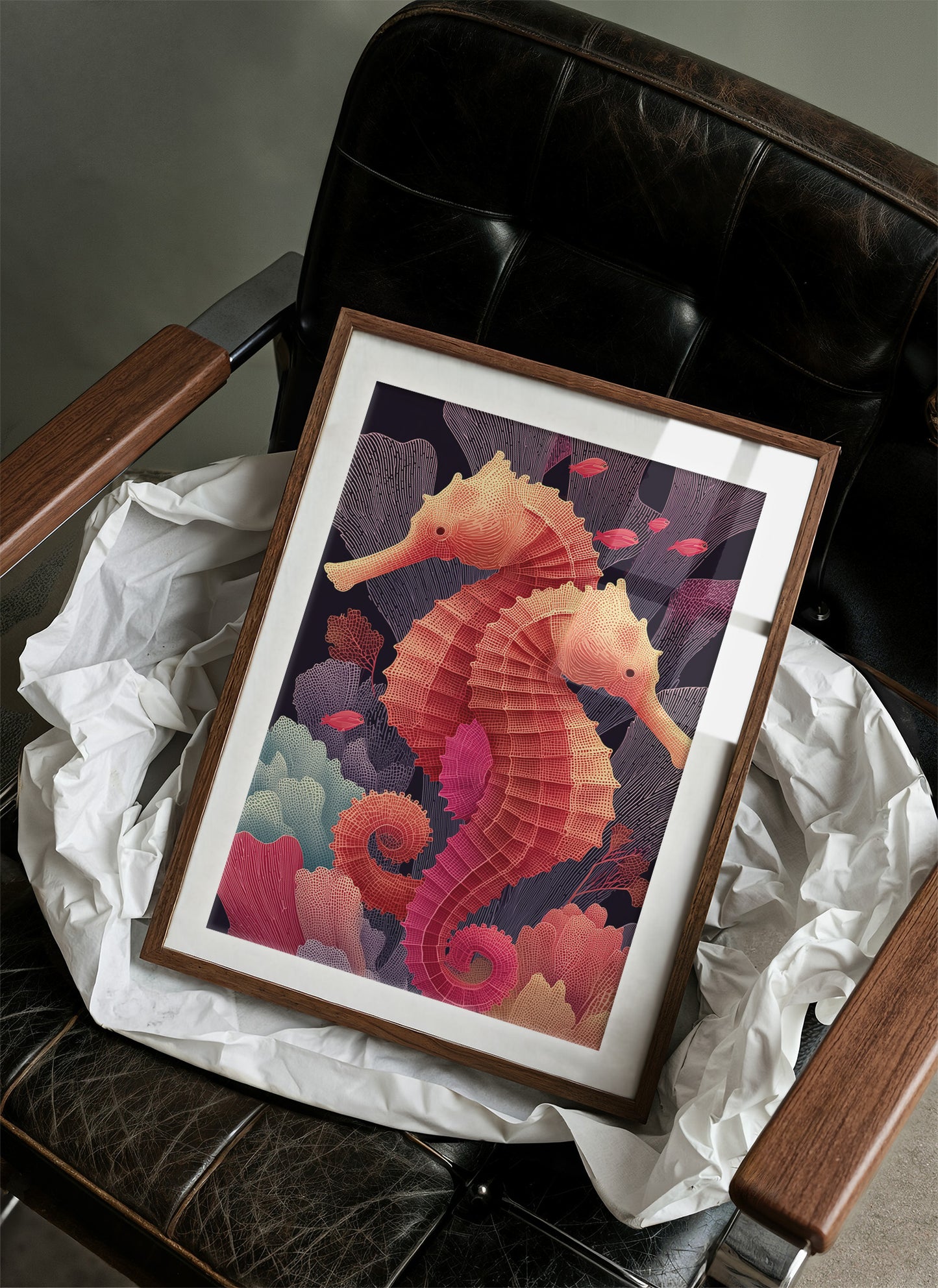 Seahorses Entwined in Coral