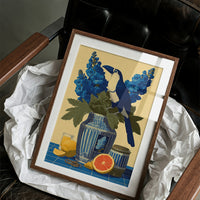 Toucan and Blue Delphiniums
