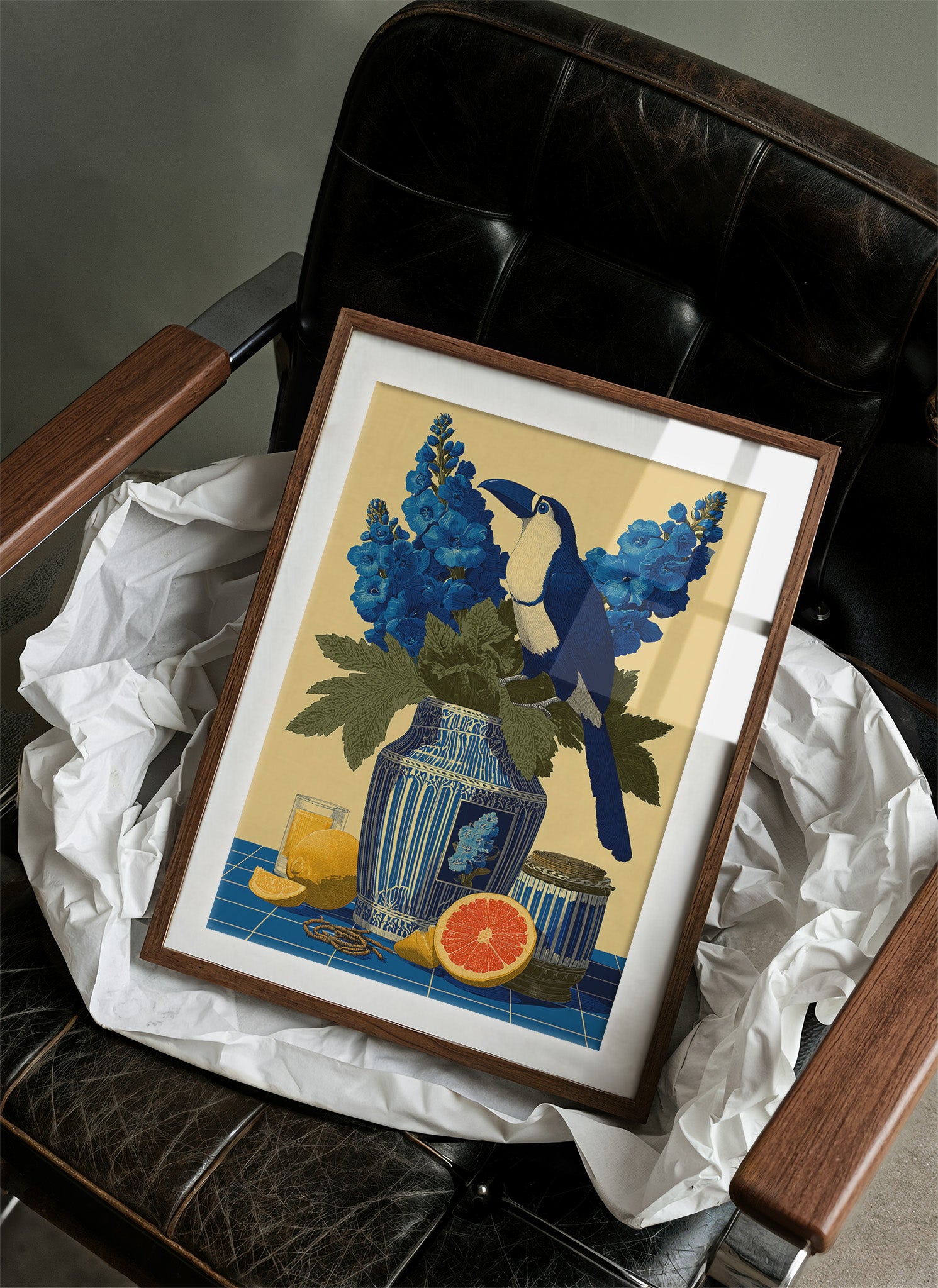 Toucan and Blue Delphiniums