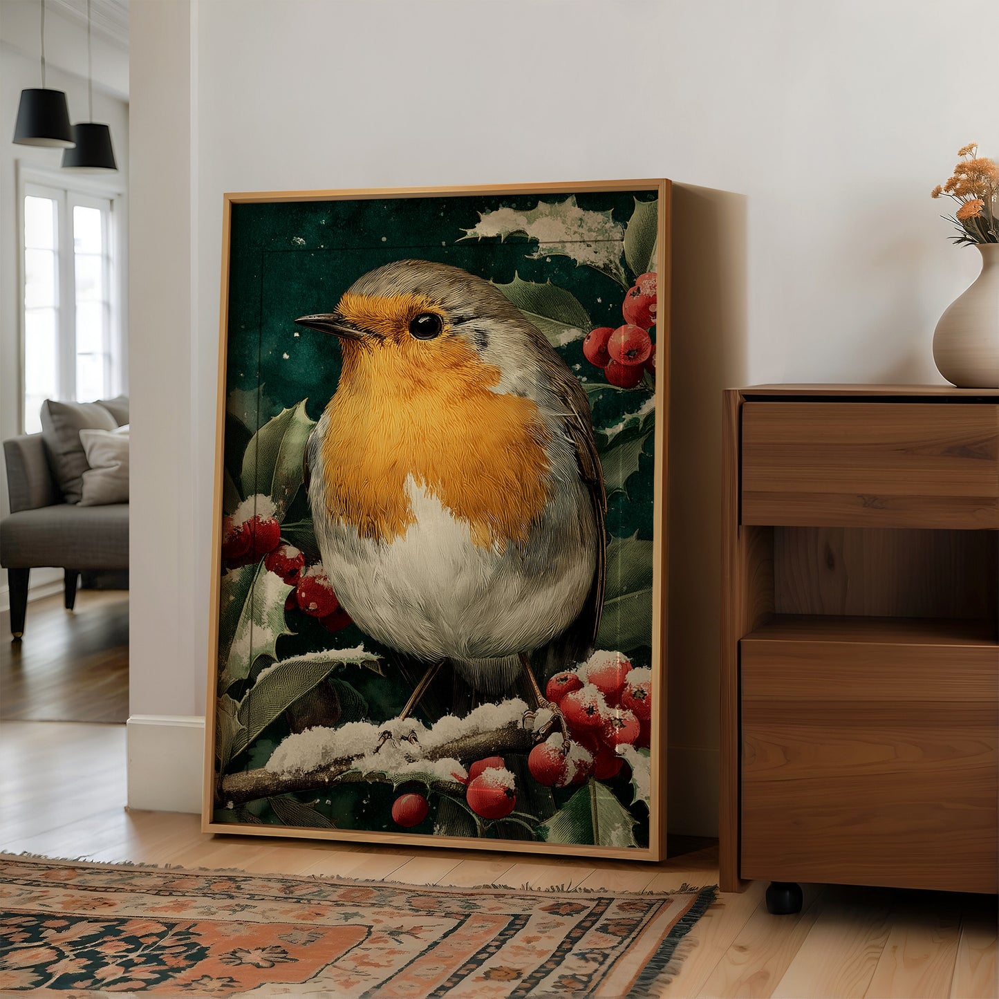 Robin in the Holly Snow