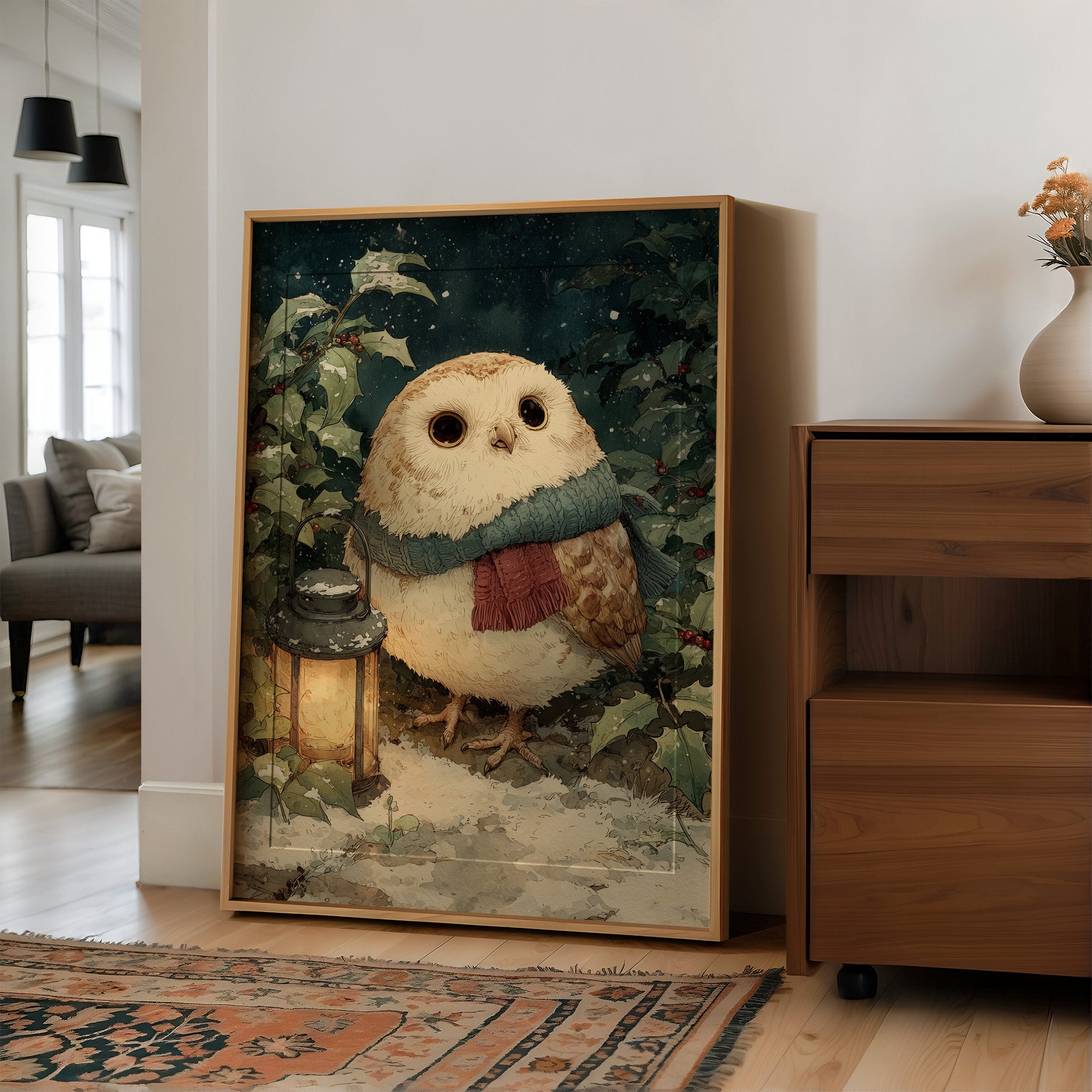 Owl with Lantern, Winter Night
