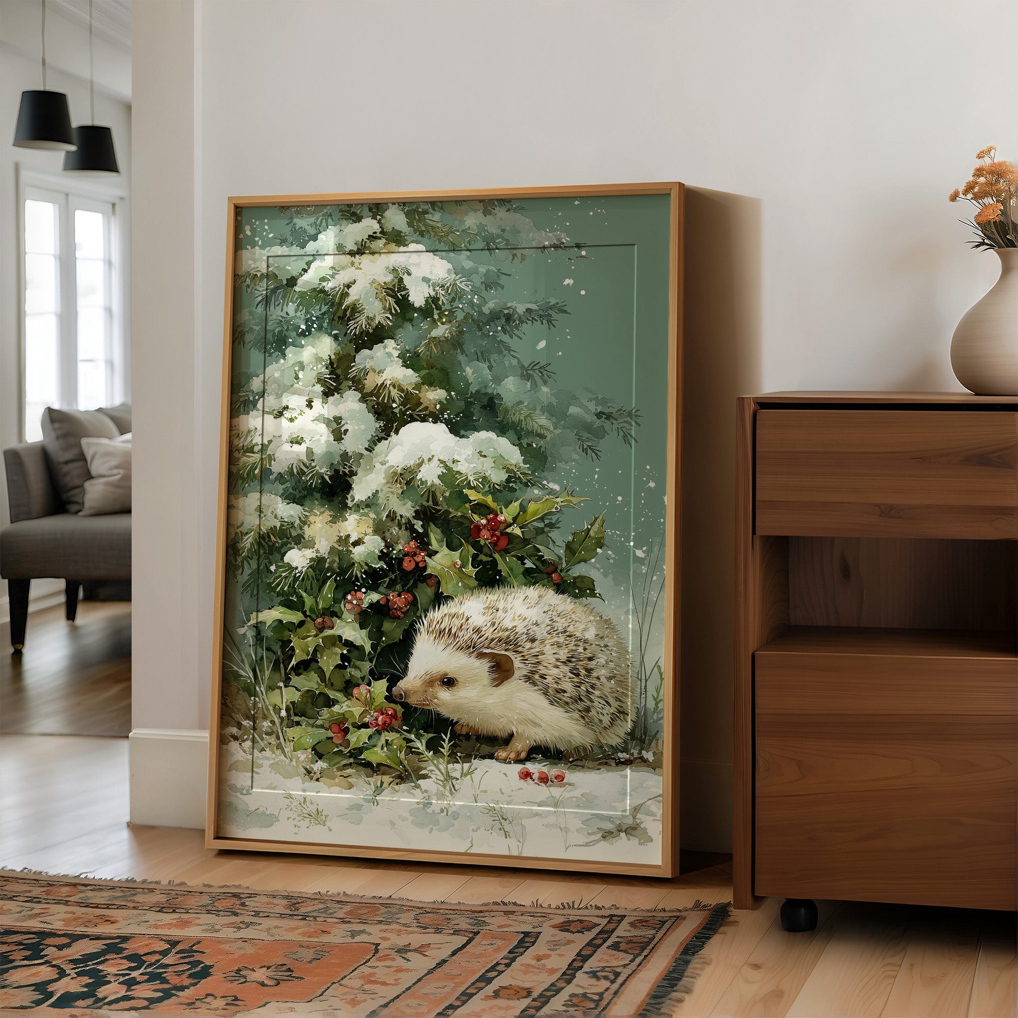 Hedgehog Beneath Snowy Pine