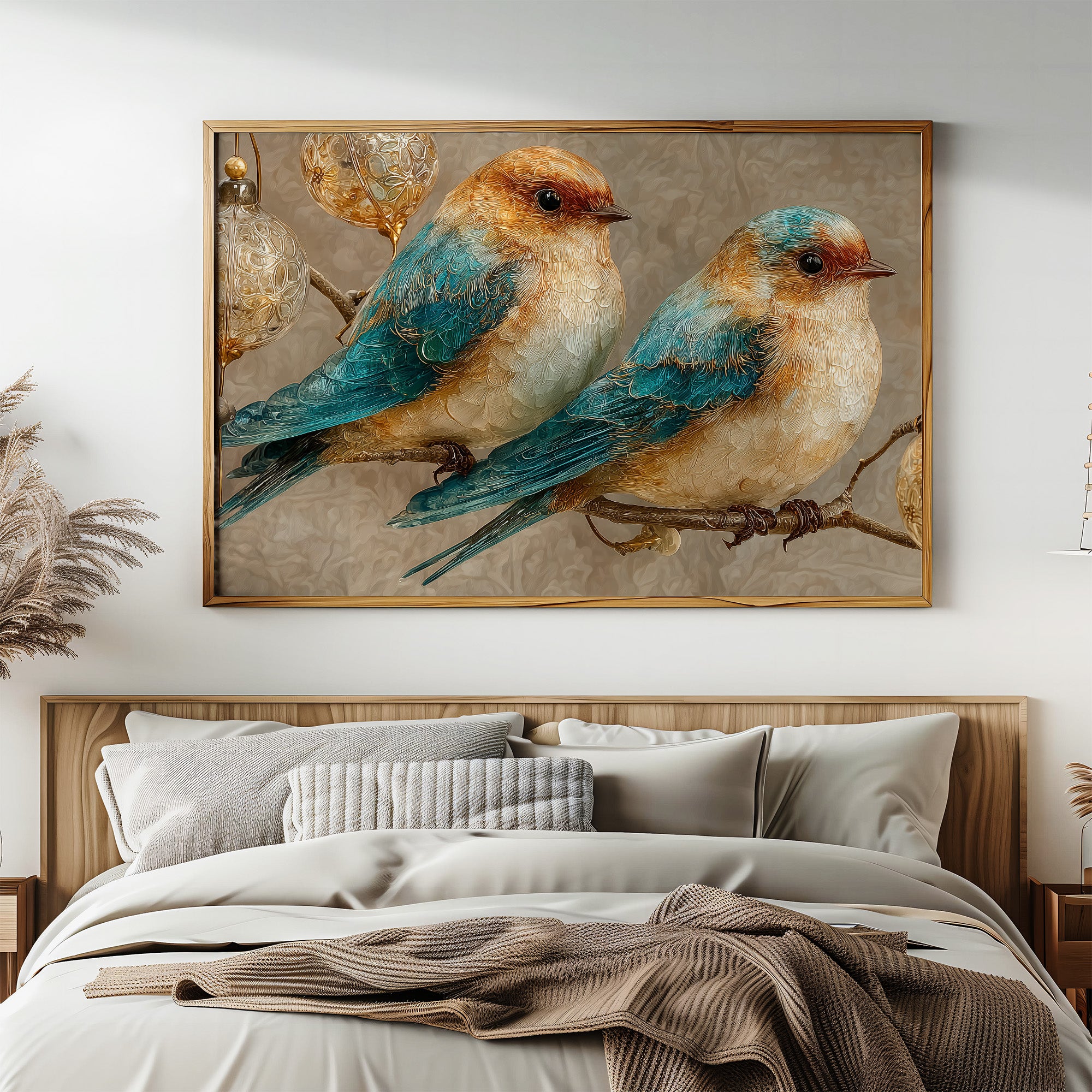 Two Bluebirds and Golden Filigree