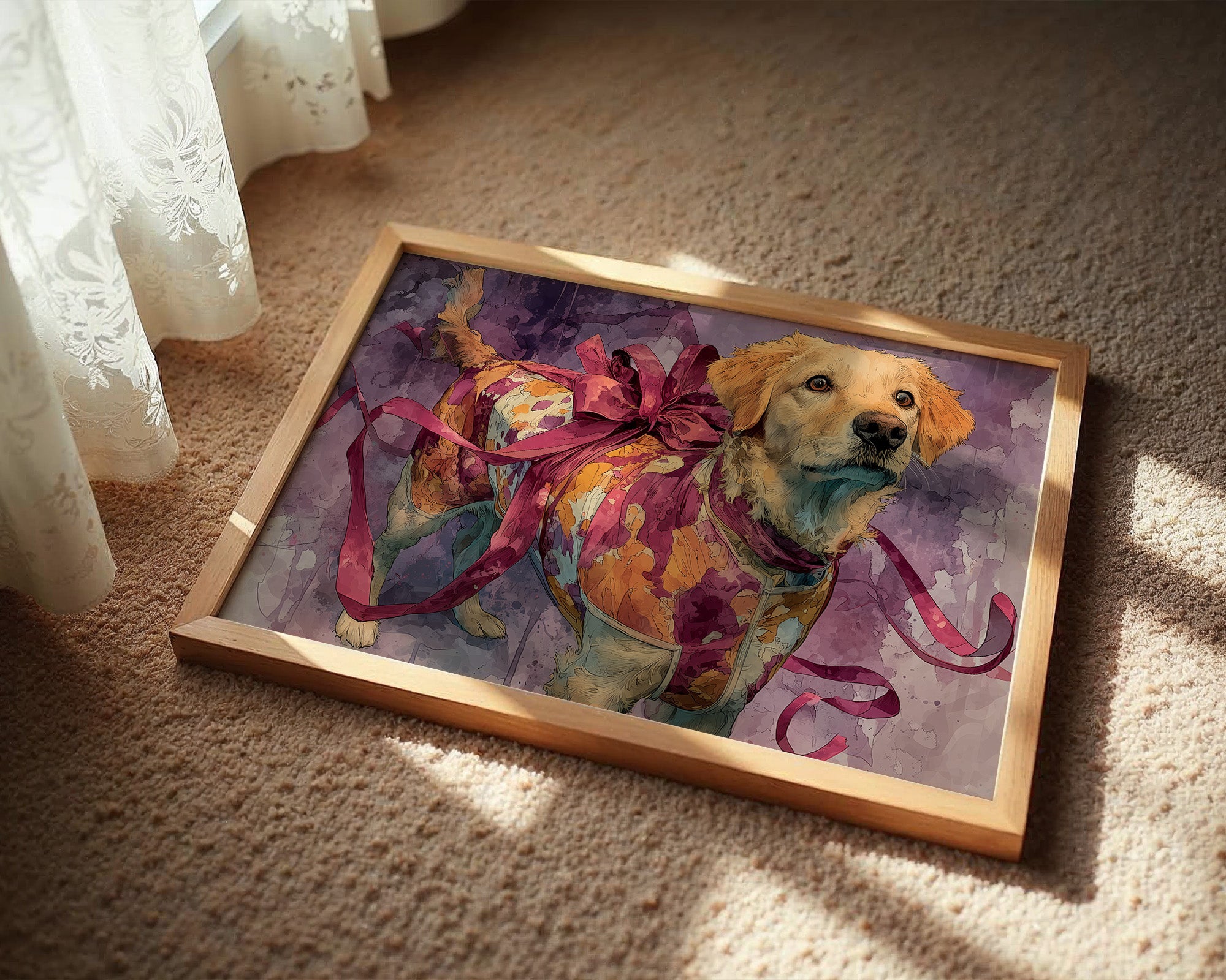 Golden Retriever Wrapped in Ribbon