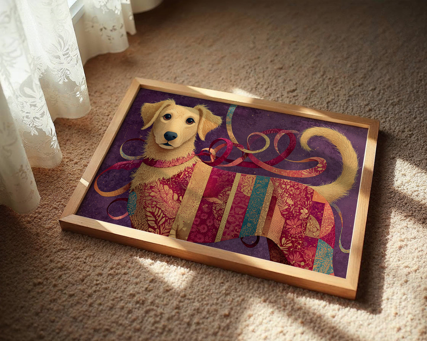 Golden Puppy in Patchwork Ribbons