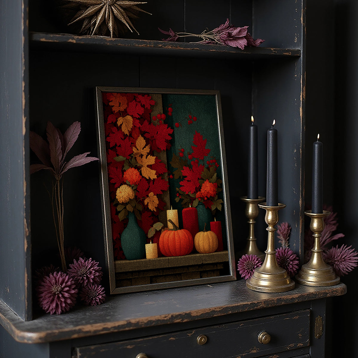 Candlelit Mantel: Leaves Took Over the Wall