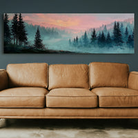 Misty Pines Beneath A Blushing Sky