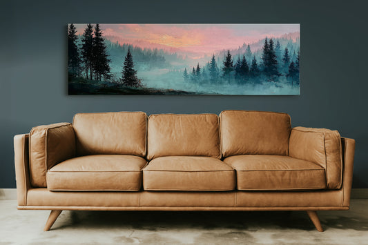 Misty Pines Beneath A Blushing Sky