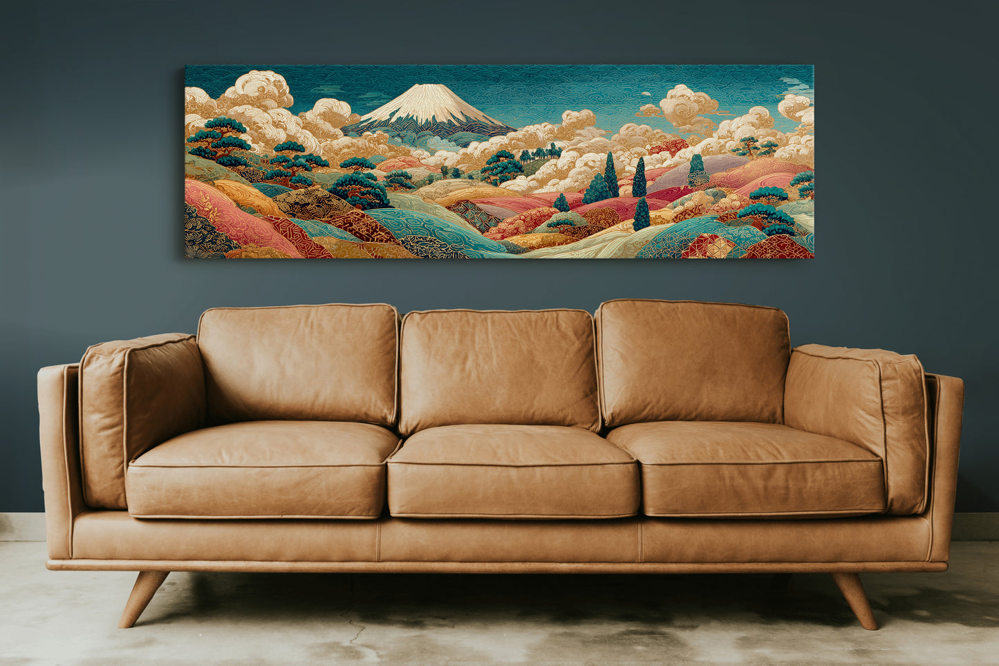 Golden Mount Fuji Over Patterned Hills