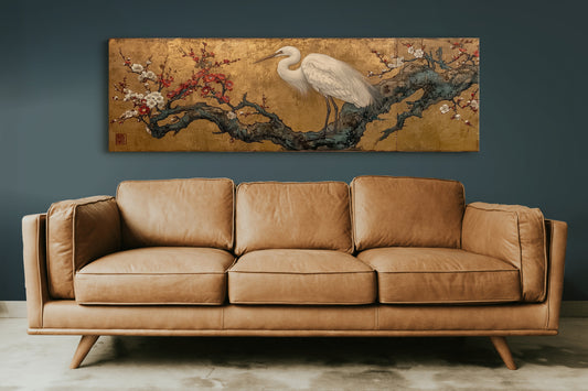 Egret Among Crimson Plum Blossoms