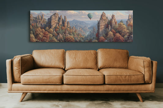Hot Air Balloon Over Autumn Cliffs