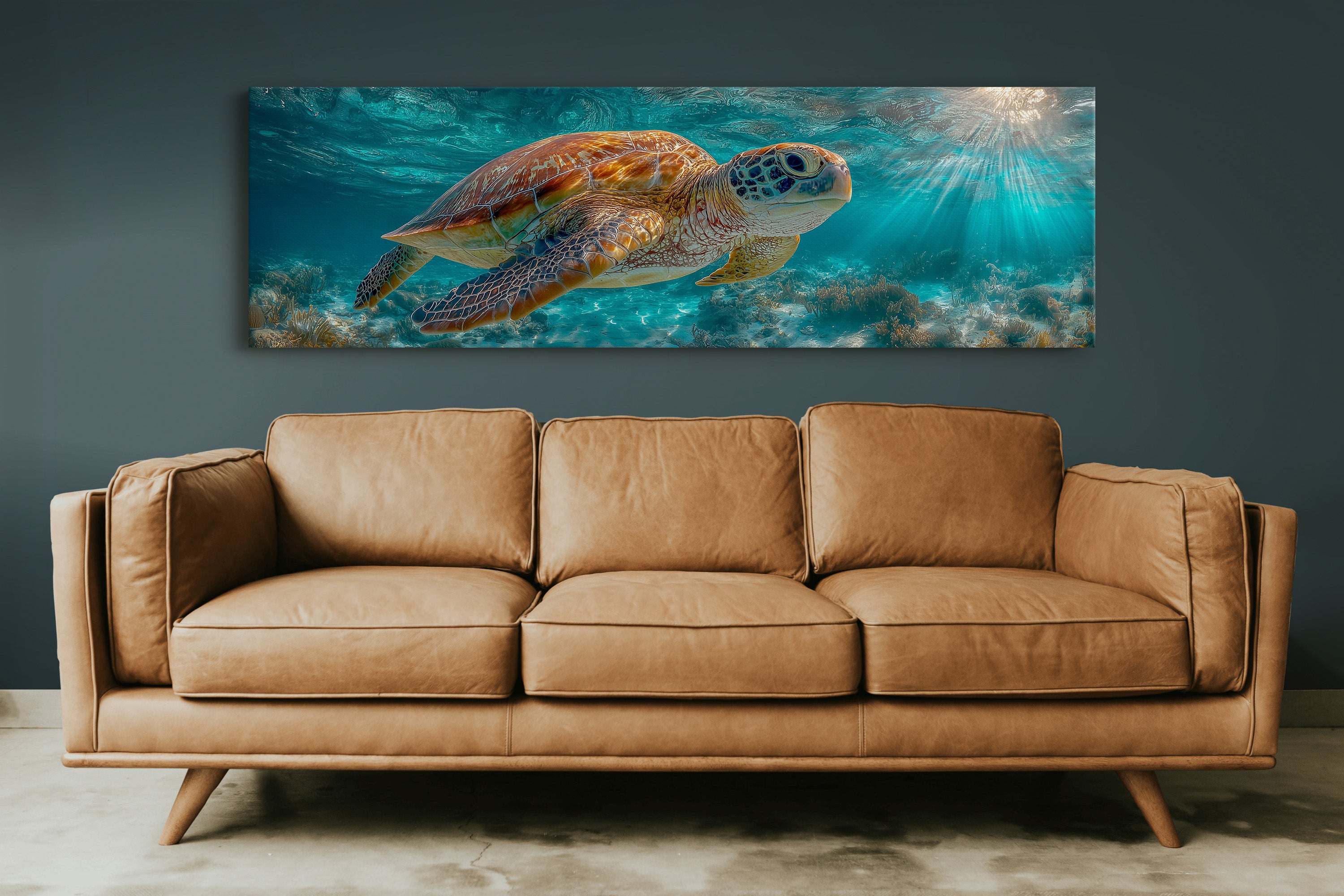 Sea Turtle Swimming In Sunlit Ocean