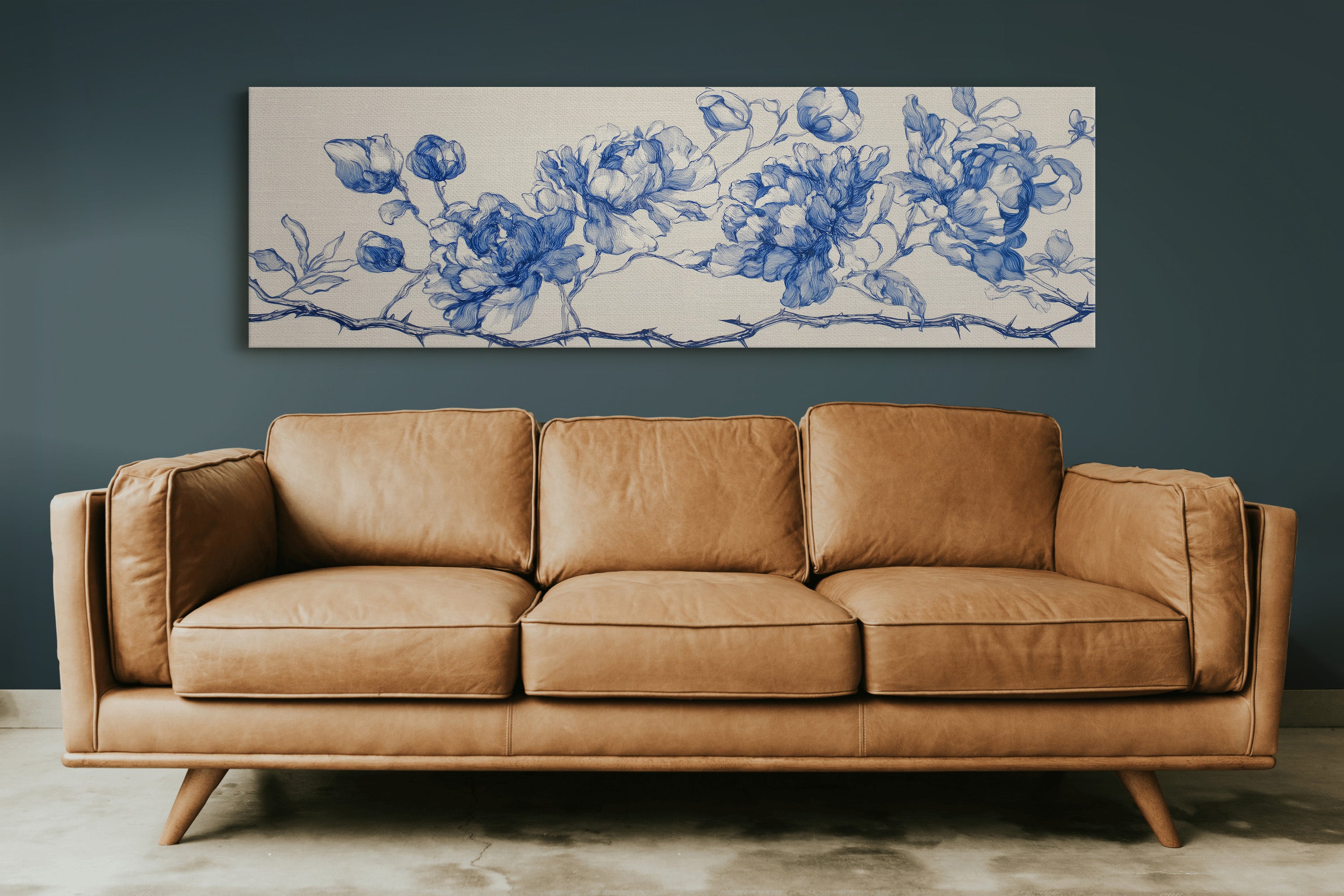 Blue Ink Roses On Thorned Vine