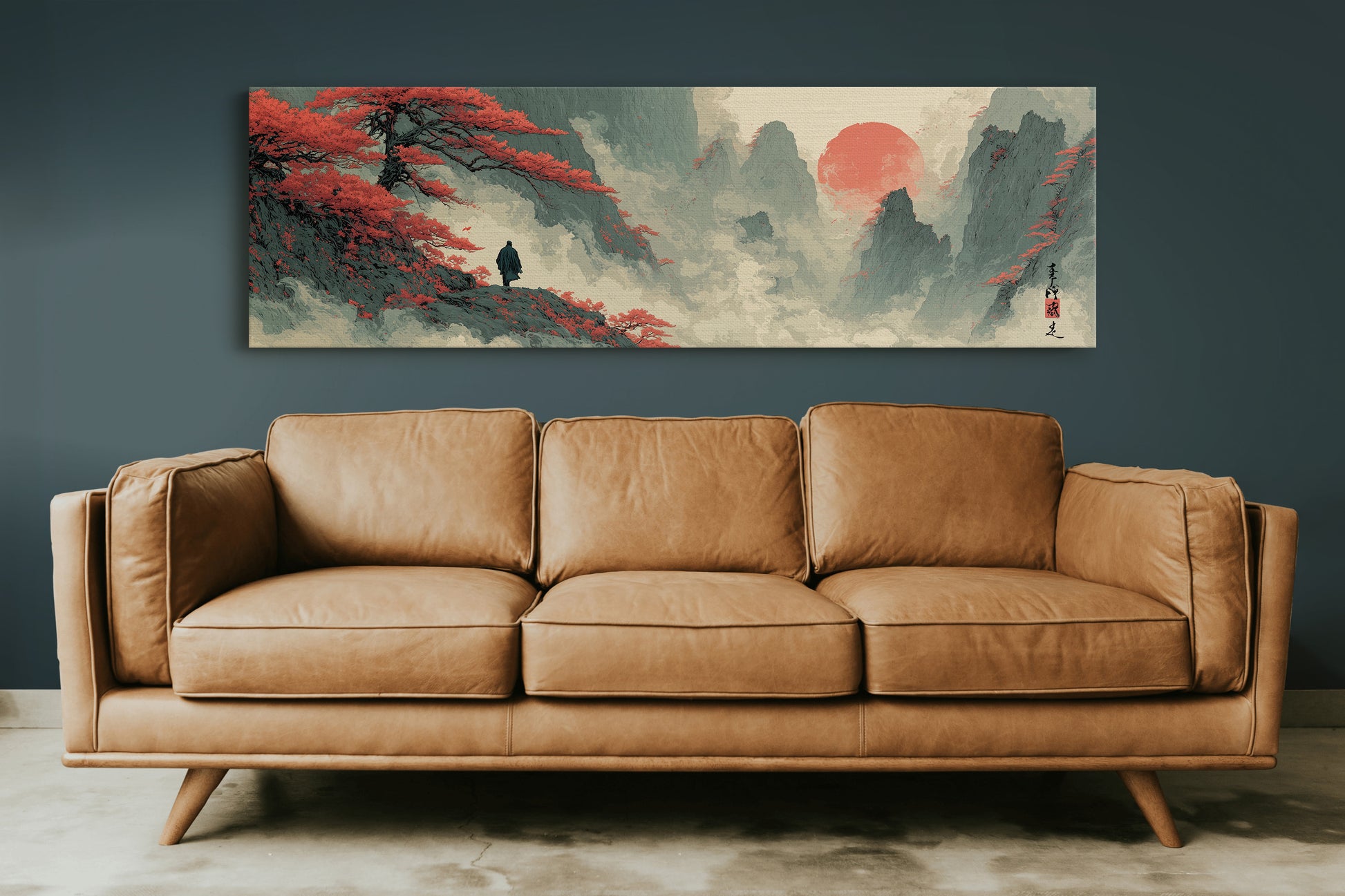 Red Sun Over Misty Mountain Peaks
