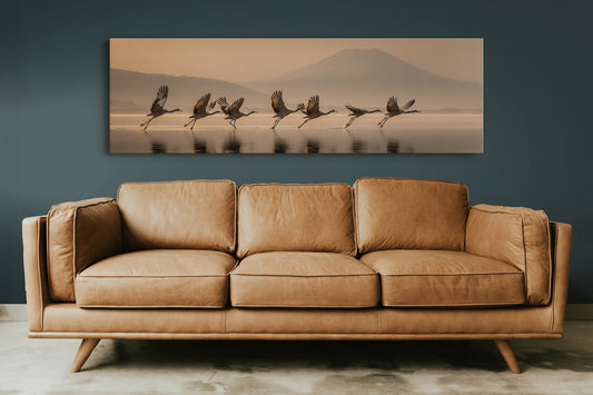 Cranes Rising Across Quiet Waters