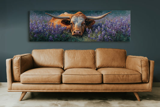 Texas Longhorn Resting in Bluebonnet Meadow