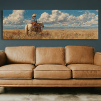 Cowgirl on Horse Overlooking Wide Western Prairie