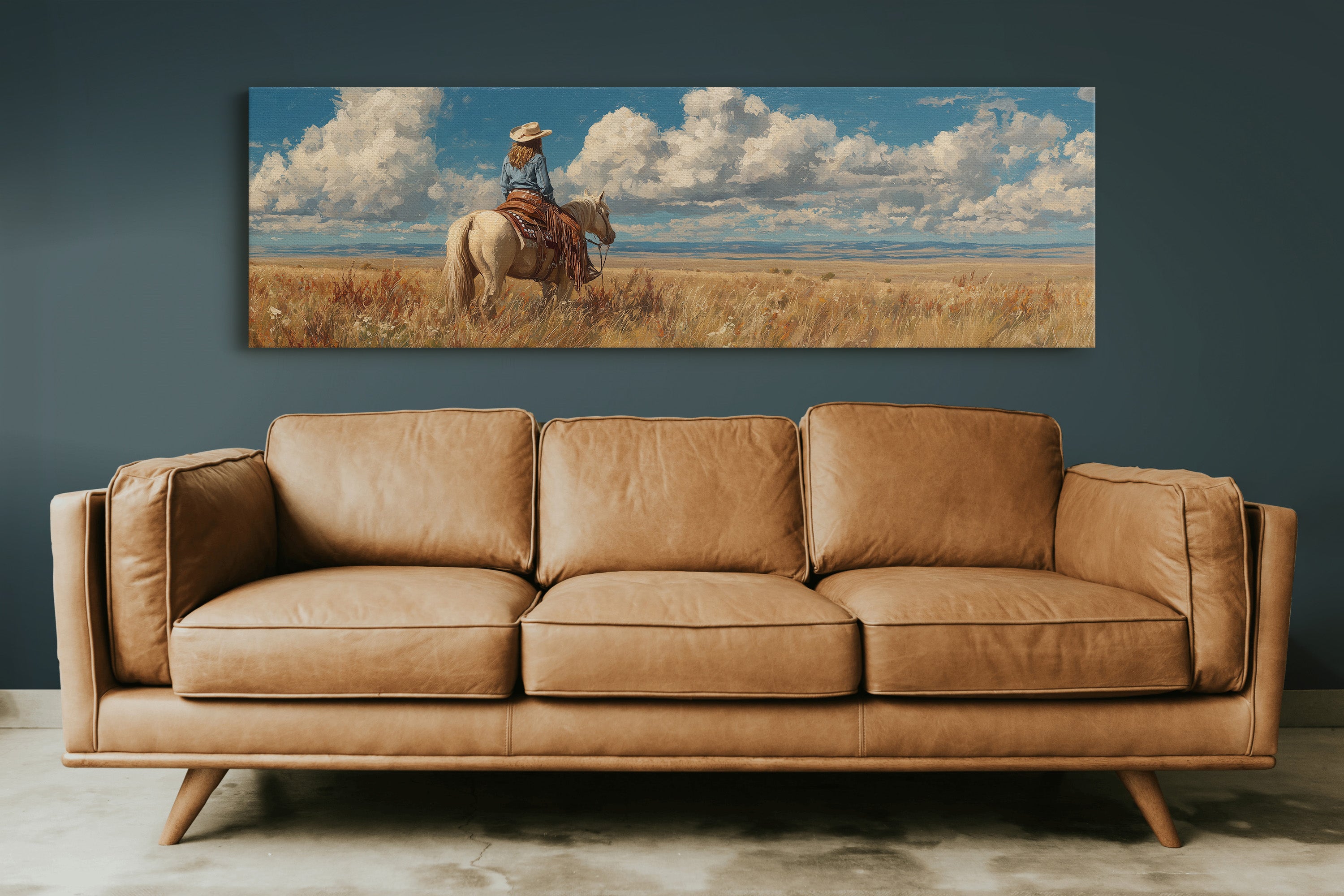Cowgirl on Horse Overlooking Wide Western Prairie