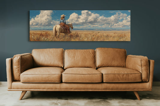 Cowgirl on Horse Overlooking Wide Western Prairie