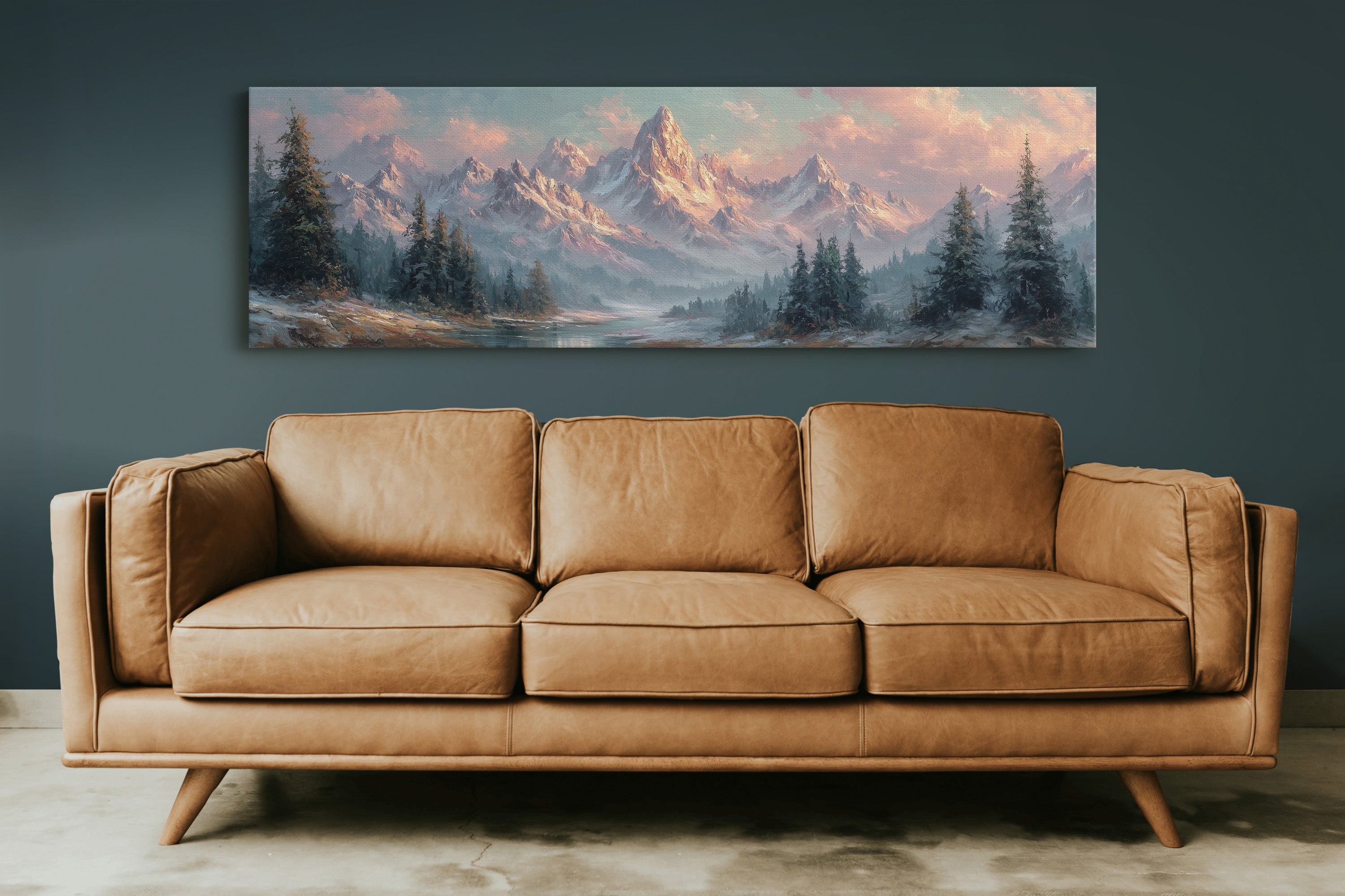 Sunlit Mountain Peaks at Dawn Over Frosted Forest