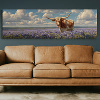 Texas Longhorn Standing in Blooming Bluebonnet Field
