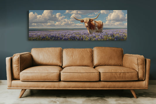 Texas Longhorn Standing in Blooming Bluebonnet Field