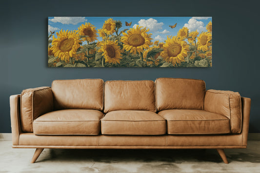 Sunflowers Beneath a Carved Sky