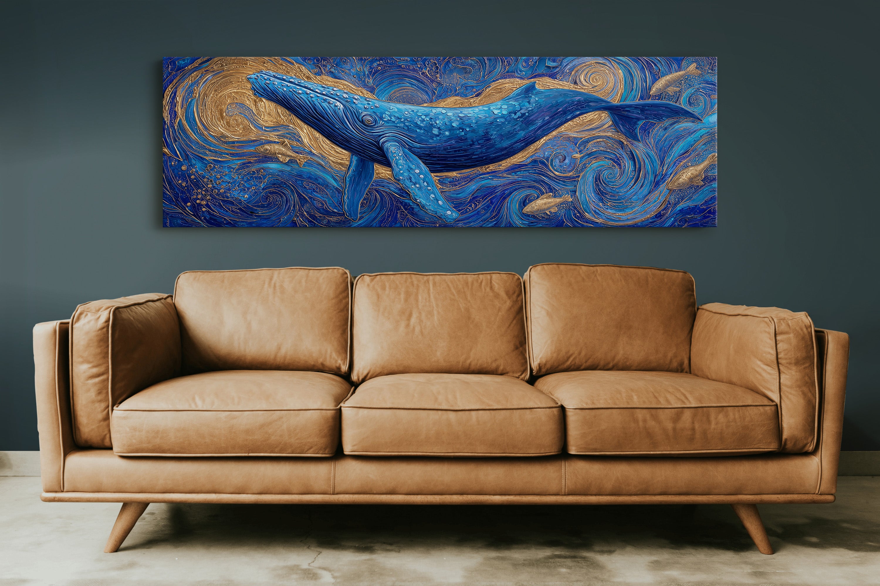 Majestic Blue Whale in Golden Ocean Swirl