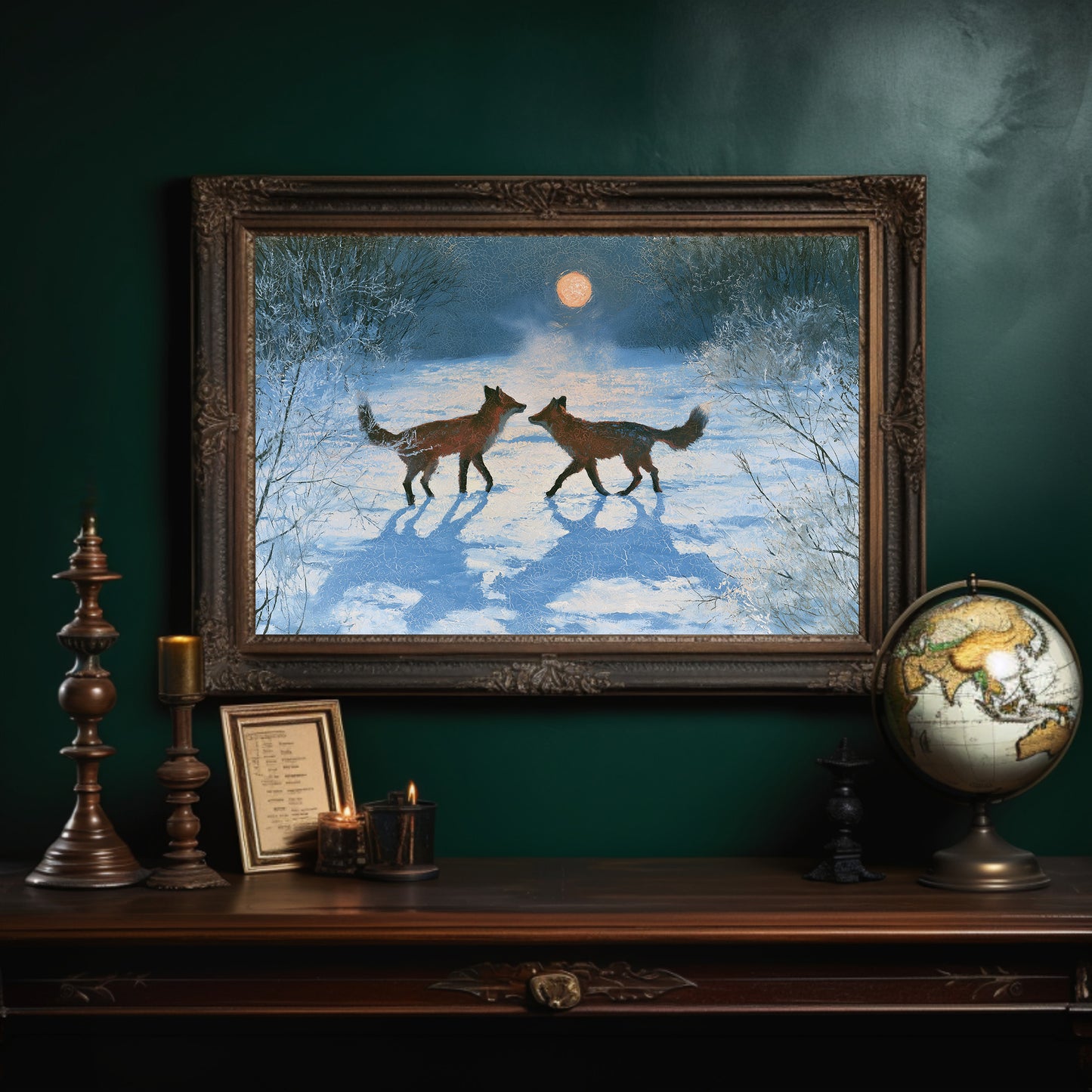 Two Foxes Under Winter Moon