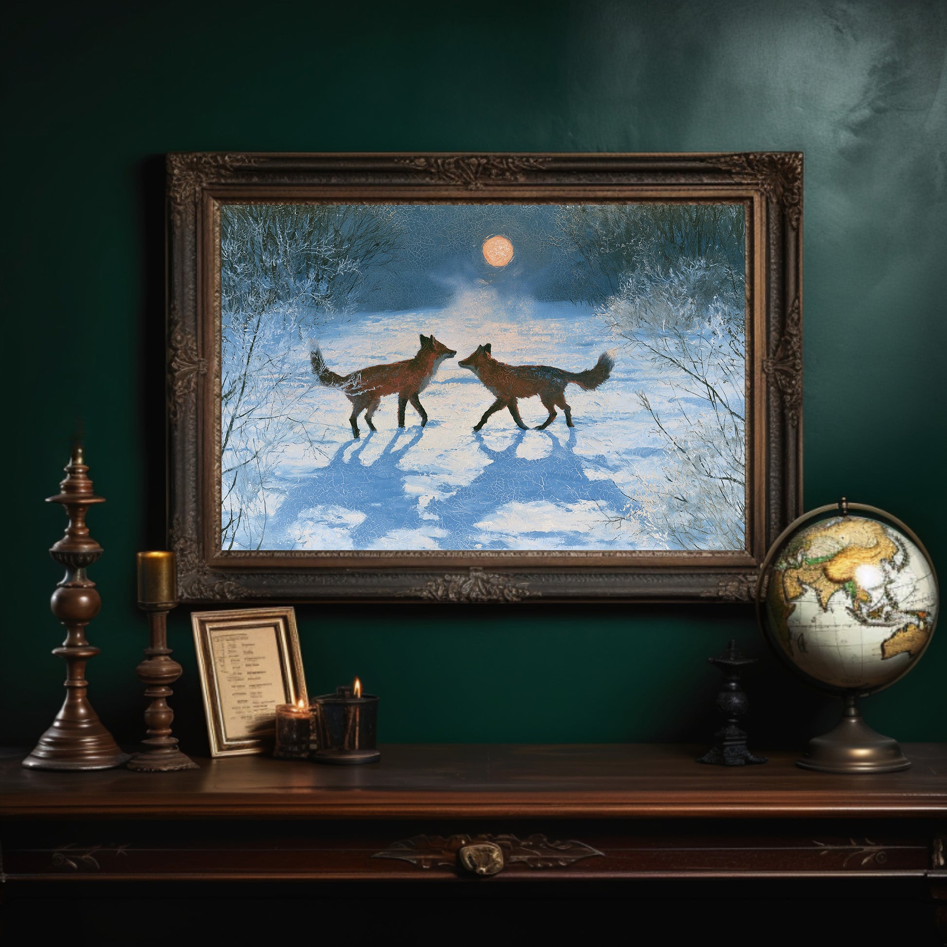 Two Foxes Under Winter Moon