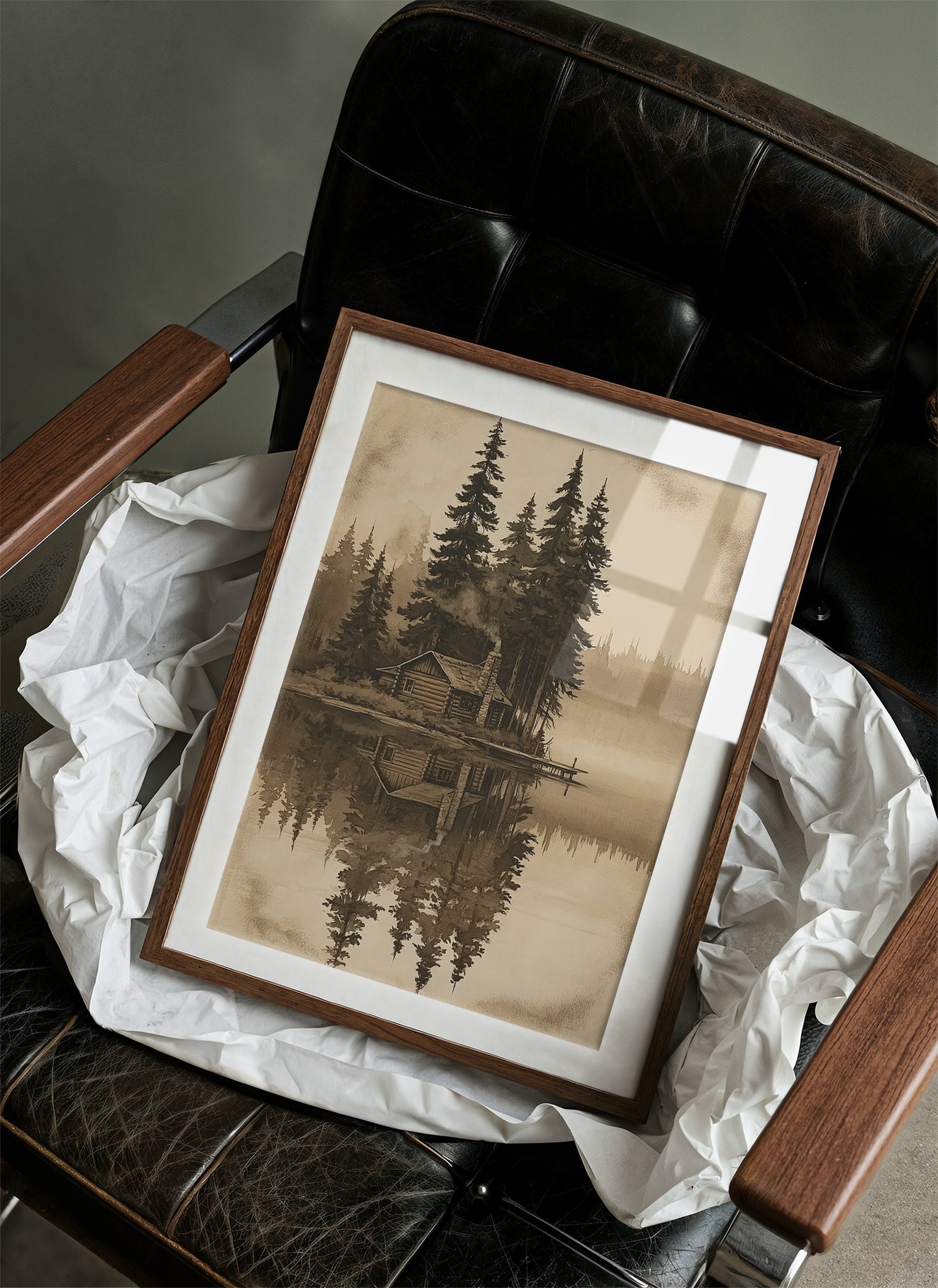 Sepia Cabin On A Still Lake
