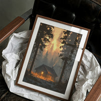 Cabin Glowing In Forest Fire Light