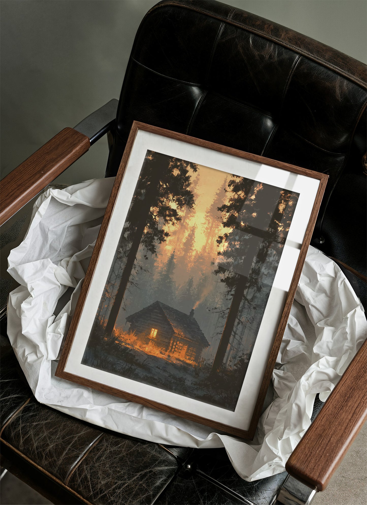 Cabin Glowing In Forest Fire Light